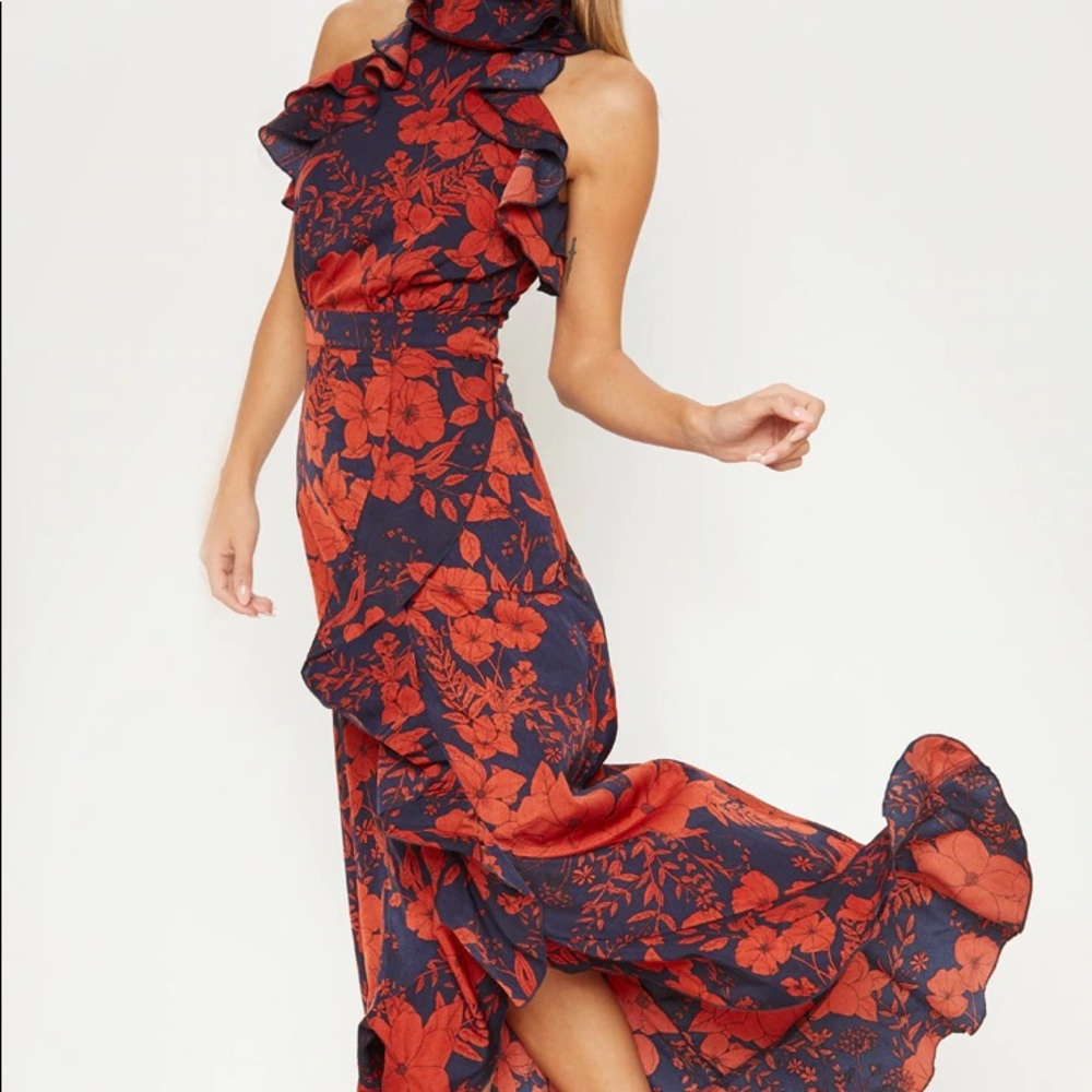 PrettyLittle thing Navy Floral Frill Wrap Dress